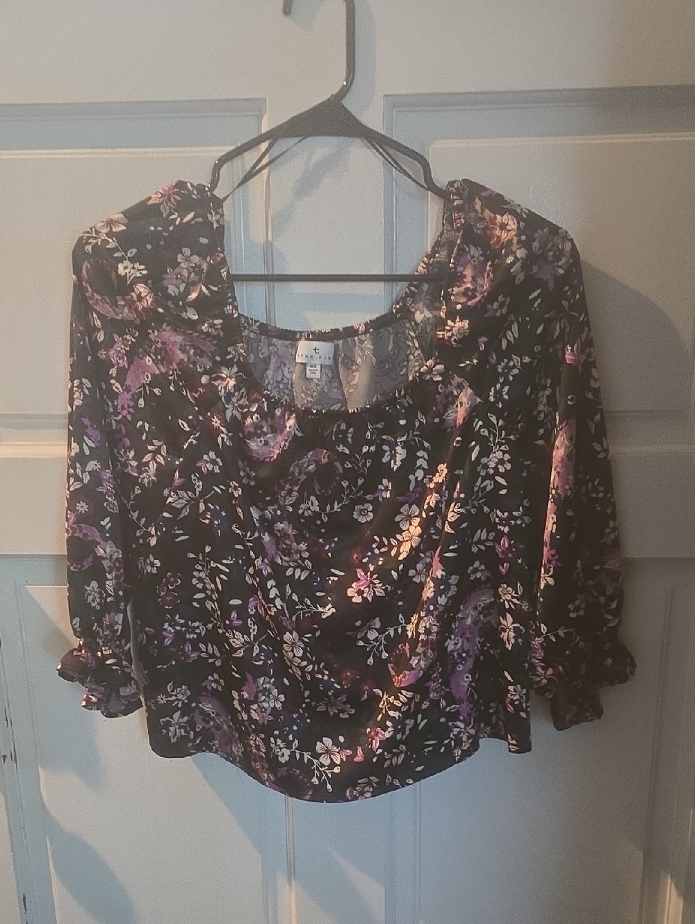 True Craft Black Floral Peasant Blouse with Purple Accents